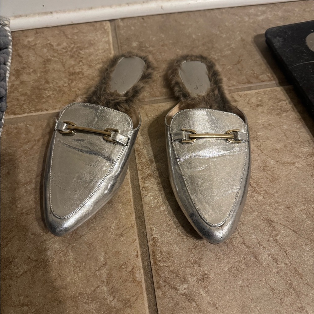 Silver Fur-Lined Women's Mules